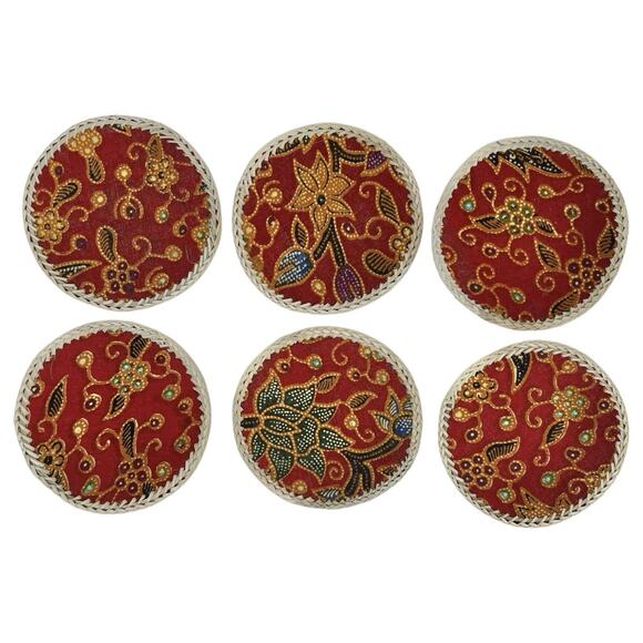 Vintage Placemats Coasters Napkins Set 6 Straw Back Batik Fabric Tiki Bar Patio - Picture 4 of 10